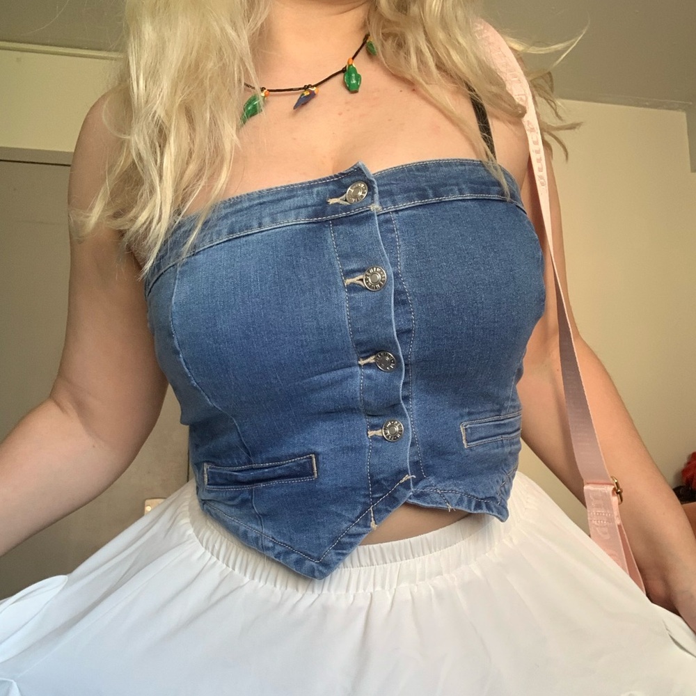 Love Tree Denim Blue Button-Up Crop tube Top